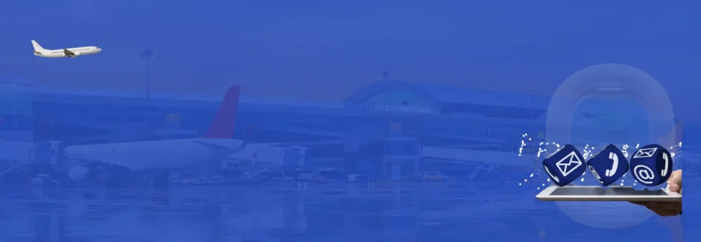 Airplane at airport terminal with contact icons symbolizing travel and visa assistance communication